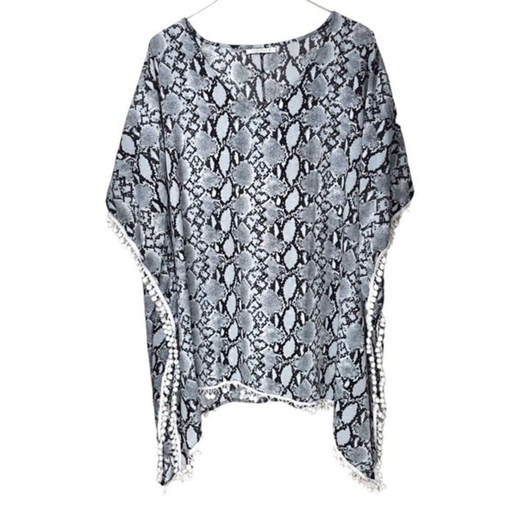 Adreamly Snake Print Coverup with Pom Pom Trimming in Grey